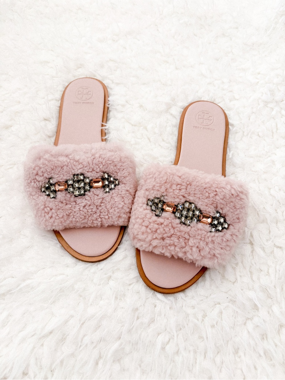 NEW Tory Burch Blush Pink Shearling Jeweled Slide Sandals